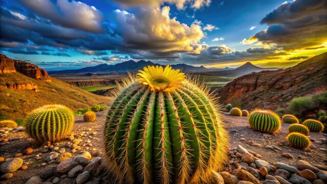 Wide-angle photography captures a breathtaking panorama of Golden Barrel cacti (Echinopsis calochlora) dominating the arid scene.