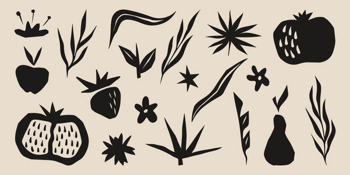 Boho abstract organic shapes set - black cut out plant branches and leaves, fruits and flowers silhouettes. Cute doodle decorative botanical minimalist, nature inspired design elements collection.