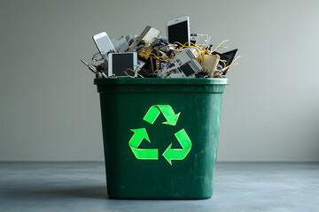 A green recycle bin full of e wastes as a concept of e waste management awareness