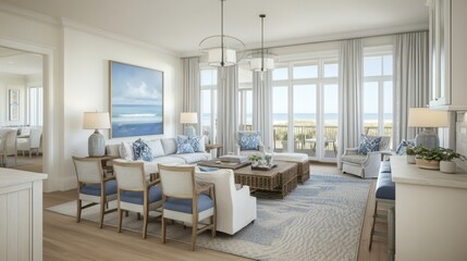 Fototapeta premium Elegant coastal living room with ocean view and sophisticated design elements