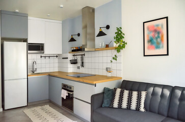 Scandinavian interior style modern studio small apartment in white and grey colors, furniture in living area and kitchen area