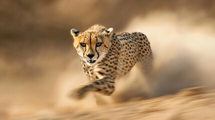 Fototapeta premium intense action shot of cheetah sprinting across the sandy plains with powerful focused expression