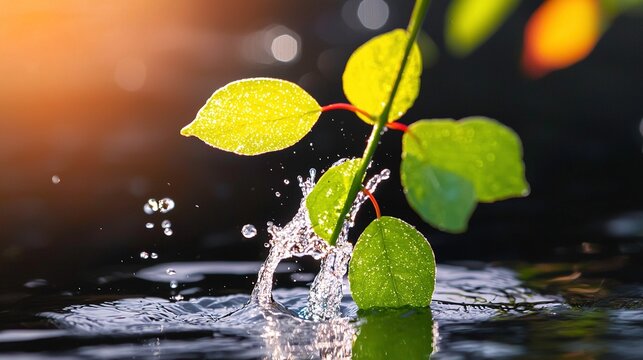 Young plant's leaves emerge from water, sunlight reflects