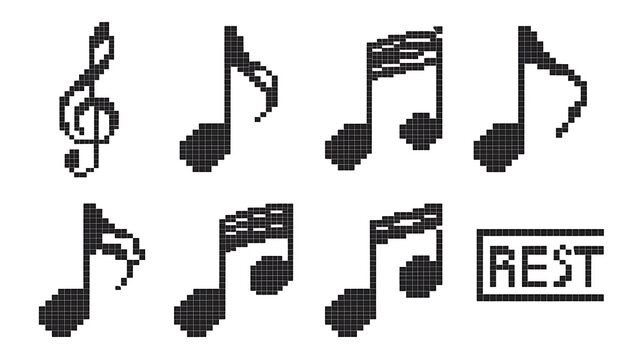 Pixelated music notes and a rest symbol Modern graphic design Vector illustration