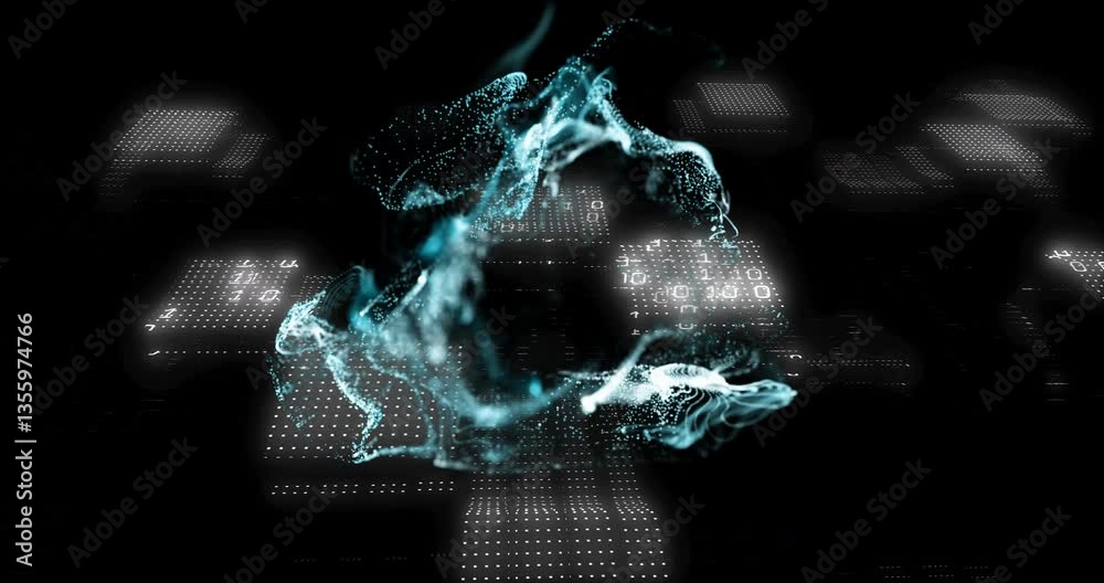 Poster animation of digital particles forming abstract shape over binary code and circuit patterns