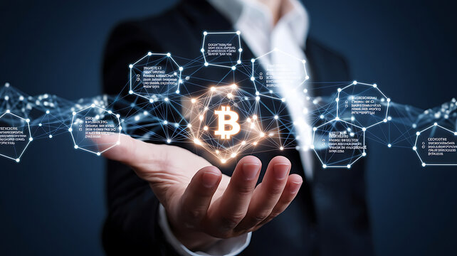 Bitcoin Blockchain Technology Global Cryptocurrency Network - Powered by Adobe