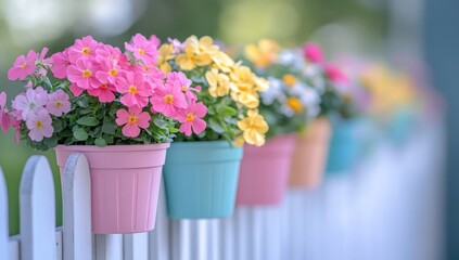 Fototapeta premium pastel flower pots adorning a white picket fence creating a serene and colorful spring scene