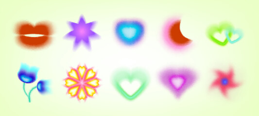 Blurred abstract icons set isolated on background. Vector illustration of soft gradient star, flower, heart, kiss, moon signs with aura color effect, glowing watercolor stickers, retro poster elements