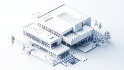 modern architectural model exhibiting isometric white building design with pristine minimalism