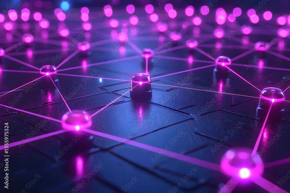 Poster abstract depiction of interconnected nodes and data flow. evokes themes of digital networks ai and t