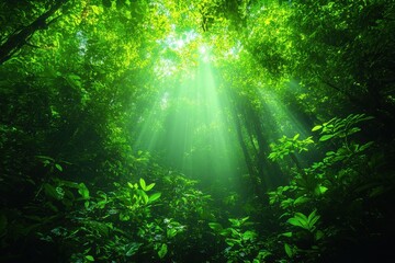 Light beams filter through dense green foliage in a tranquil forest setting
