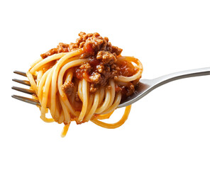 Side View Close Up of Spaghetti with Bolognese Sauce on Silver Fork Isolated on Transparent Background