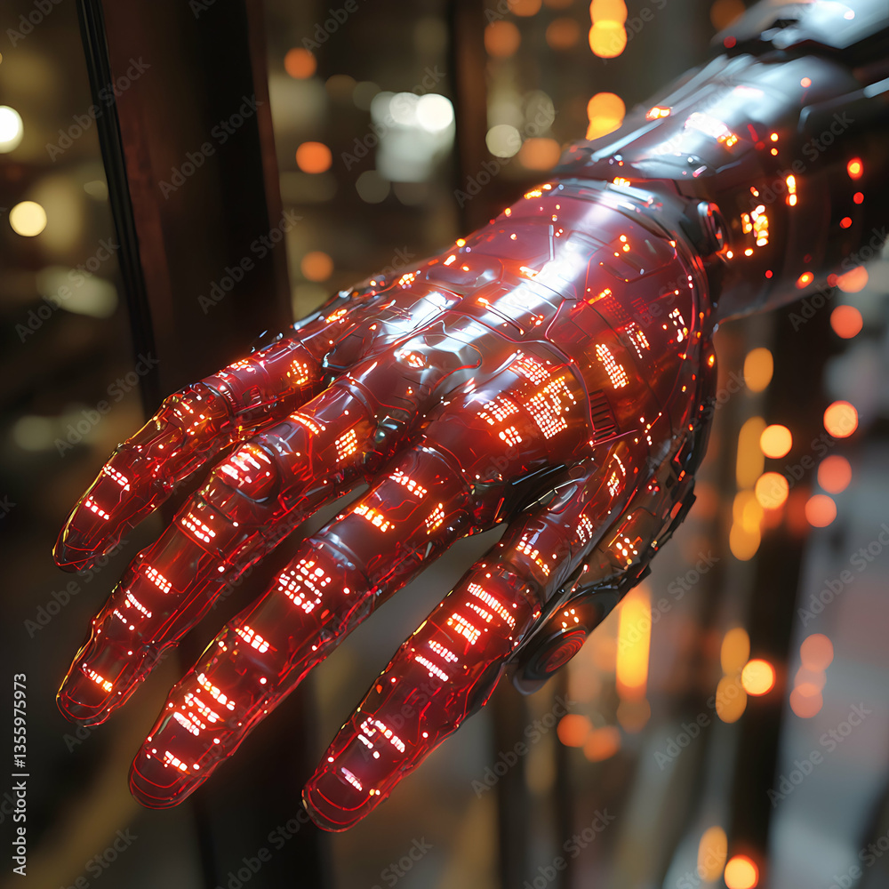 Poster a glowing robotic hand with intricate internal circuitry. suggesting a futuristic augmented reality 