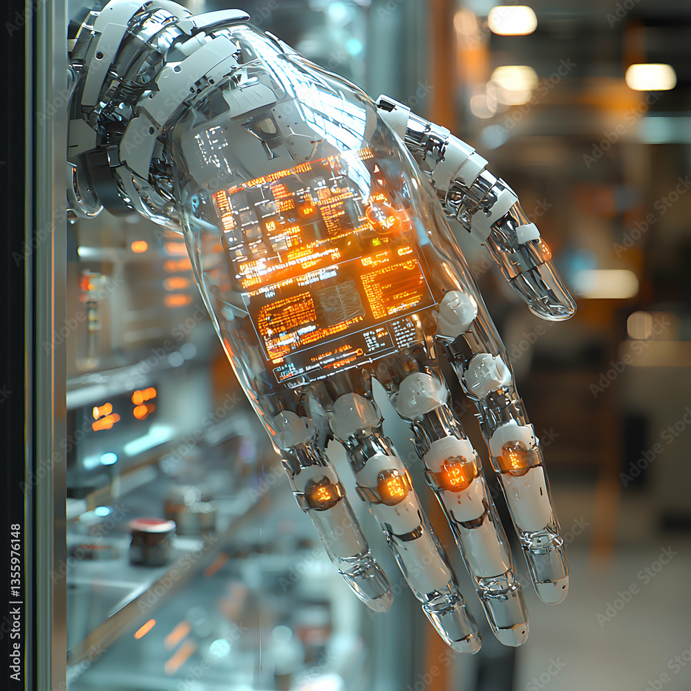 Poster a futuristic transparent robotic hand displays data. possible use in advanced automation processes o