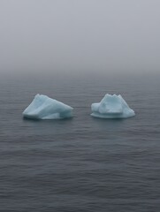 Icebergs in Foggy Sea.