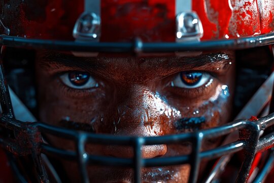 Intense eyes of a determined football player wearing helmet
