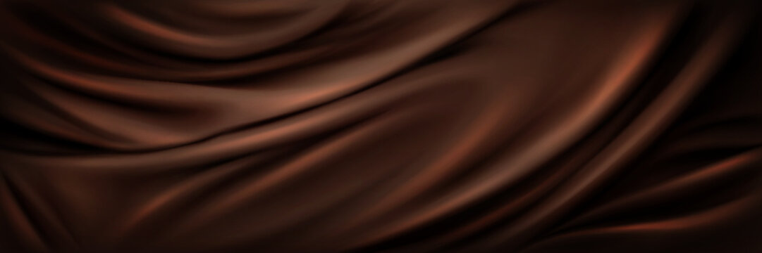 Liquid chocolate swirl texture, dark brown abstract background. Smooth melted cocoa, sweet food with wavy silk cloth effect. Creamy chocolate flowing design for confectionery packaging or dessert menu
