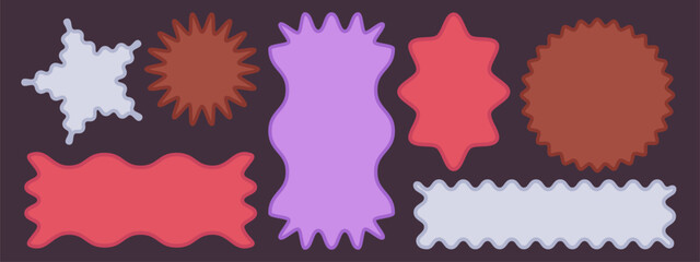 Scallop shape frames set - decorative wavy border designs on dark background. Curved zigzag edges, colorful outline silhouettes for labels, tags, banners. Corrugated vintage graphic elements.