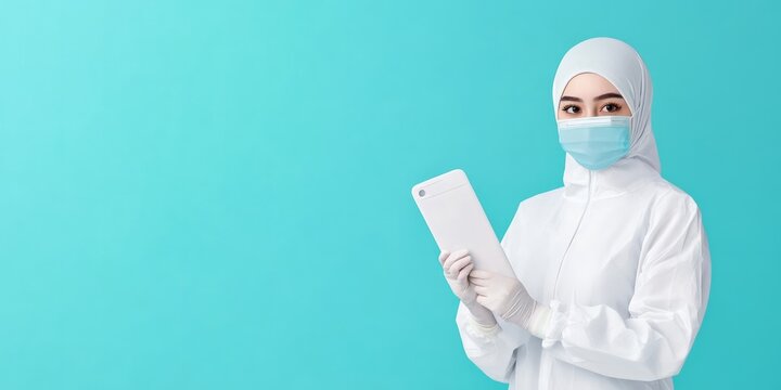 Healthcare professional wearing protective suit and mask holding tablet