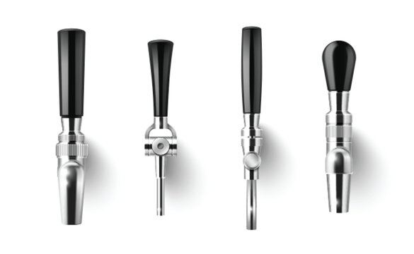 Beer tap handles set - black and silver shiny metal faucets for brewery, bar, pub. Steel levers with ball knob, classic spigot shapes. Draft beer dispenser taps, keg fonts isolated on white background