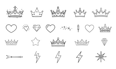 Hand drawn crowns, hearts, stars, and diamonds create whimsical collection of decorative icons. These charming symbols can enhance various design projects, adding playful touch