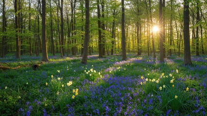A serene forest scene with blooming flowers and sunlight filtering through trees.