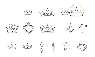 Hand drawn crowns and decorative elements, including hearts, arrows, and diamonds, create whimsical and artistic collection perfect for various design projects