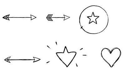 Hand drawn symbols including arrows, star, and hearts convey playful and creative vibe, perfect for various design projects. These elements can enhance visual communication and add charm