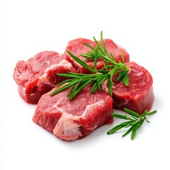 Fototapeta premium Fresh raw beef cuts garnished with aromatic rosemary sprigs.