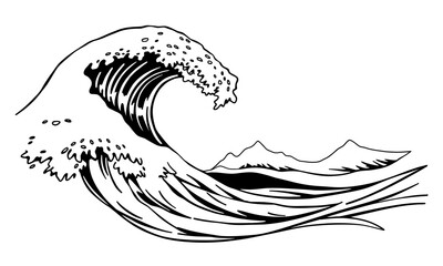 powerful wave crashes dramatically against shore, showcasing its intricate details and dynamic movement. scene captures beauty of nature, with mountains in background adding depth to landscape