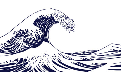 powerful ocean wave rises dramatically, showcasing intricate details in its crest and flowing body. deep blue color evokes sense of calm and strength, capturing beauty of nature force
