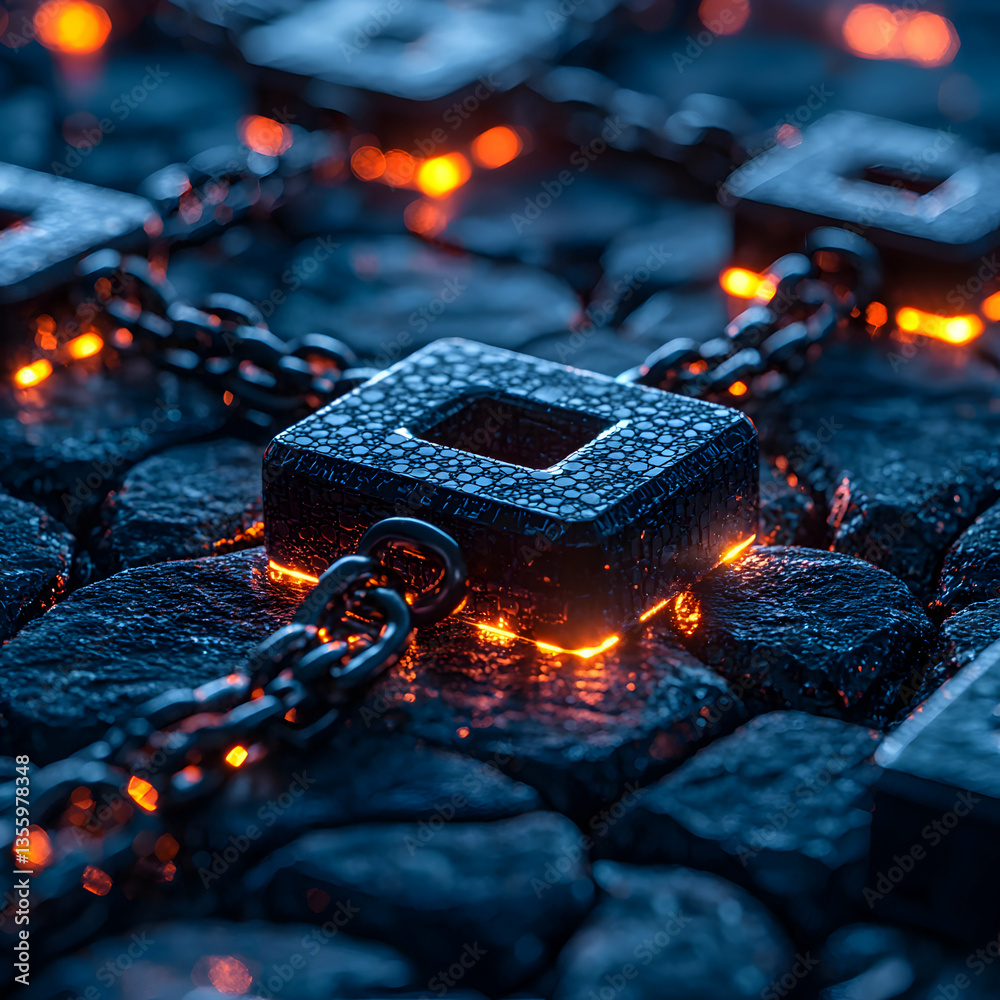 Poster abstract art depicting interconnected glowing chains and blocks. could represent data security block
