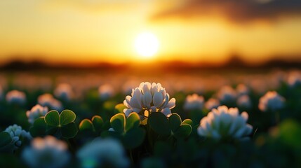 Sunset over a field of clover blossoms
