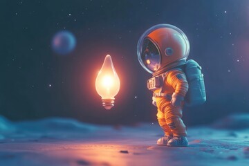 A lone astronaut discovers a glowing lightbulb on an alien planet, symbolizing new ideas and discoveries in space.