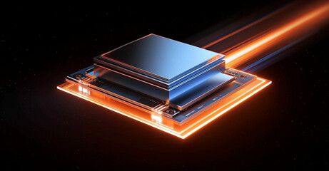 Concept CPU microchip for ai and data network. Close-up view of glowing modern chip gpu card with circuit neon lights, glass layer,laser lights,artificial intelligence computing, futuristic AI science