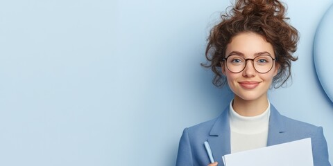 Naklejka premium Young businesswoman holds documents and pen wearing glasses smiling