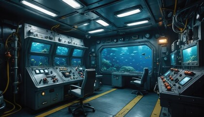 A high-tech underwater research station, glowing control panels, deep-sea exploration