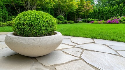 Lush Green Shrub in Textured Stone Planter on Patio