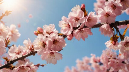 Pink cherry blossom flowers on a sunny day.
Beautiful spring scene with blooming sakura on a branch.
Japanese cherry trees in full bloom