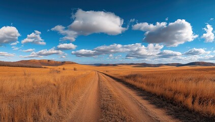 Fototapeta premium dirt track stretches through golden prairie grasses under vibrant sky with scattered fluffy clouds