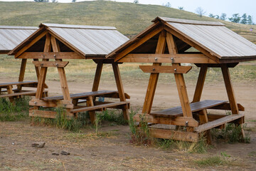 Similar wooden gazebos, small gazebo in tourist place