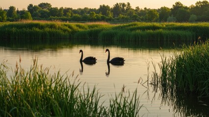 Two swans gliding serenely on a calm water body at dusk.