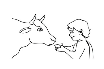 Child Receiving Milk from Cow Line Art Illustration