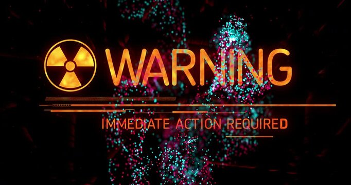 Warning sign with radioactive symbol and text Immediate Action Required in animation