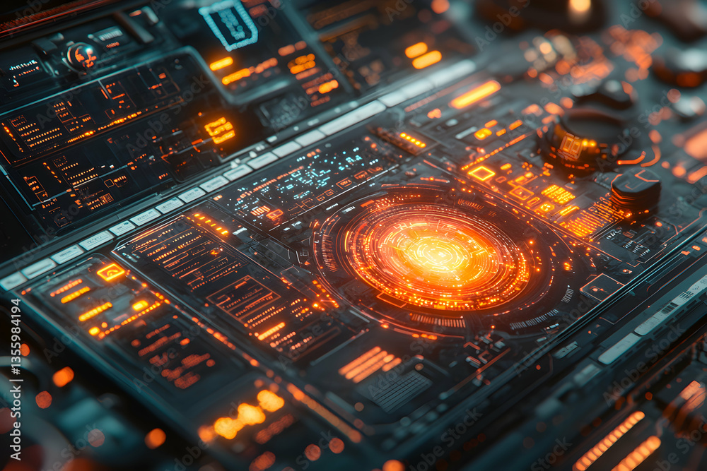 Poster a futuristic control panel glows with intricate circuits and a central energy core. perfect for scie