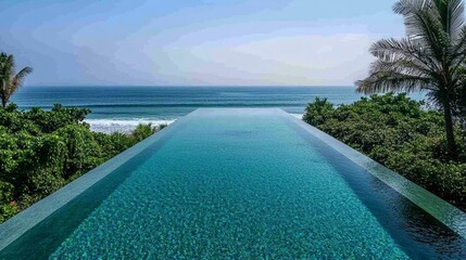 Fototapeta premium Infinity pool overlooking ocean, tropical greenery, clear blue water.