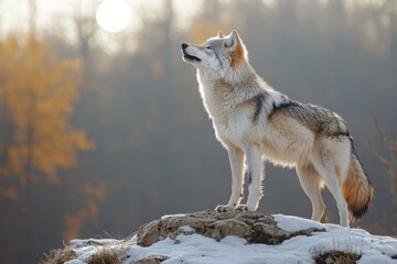 Fototapeta premium Wolf howls at the sunset on a rocky outcrop in a snowy forest landscape