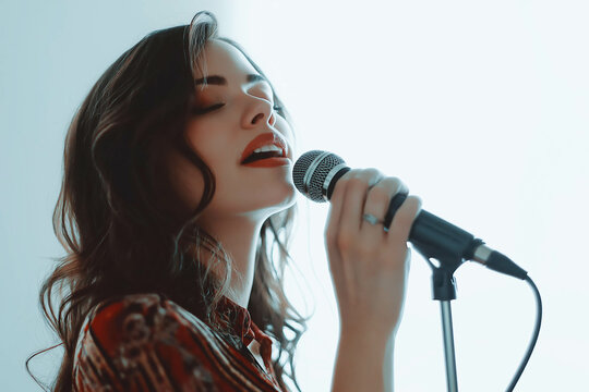Beautiful female singer woman singing into microphone. Isolated on white studio background