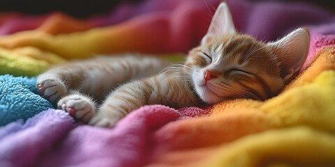 A small orange kitten sleeping peacefully on a colorful blanket