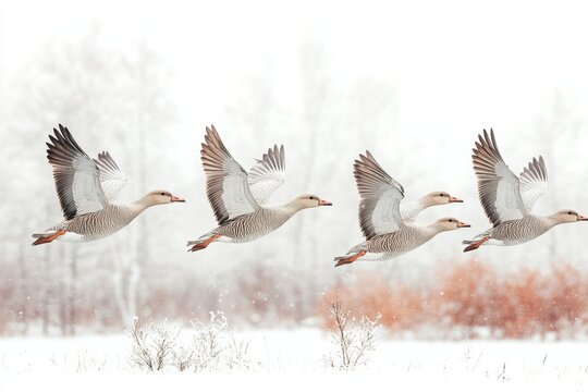 Geese flying over a snowy landscape in winter